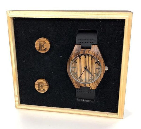 Personalized Wooden Watch and Cufflink in a Box