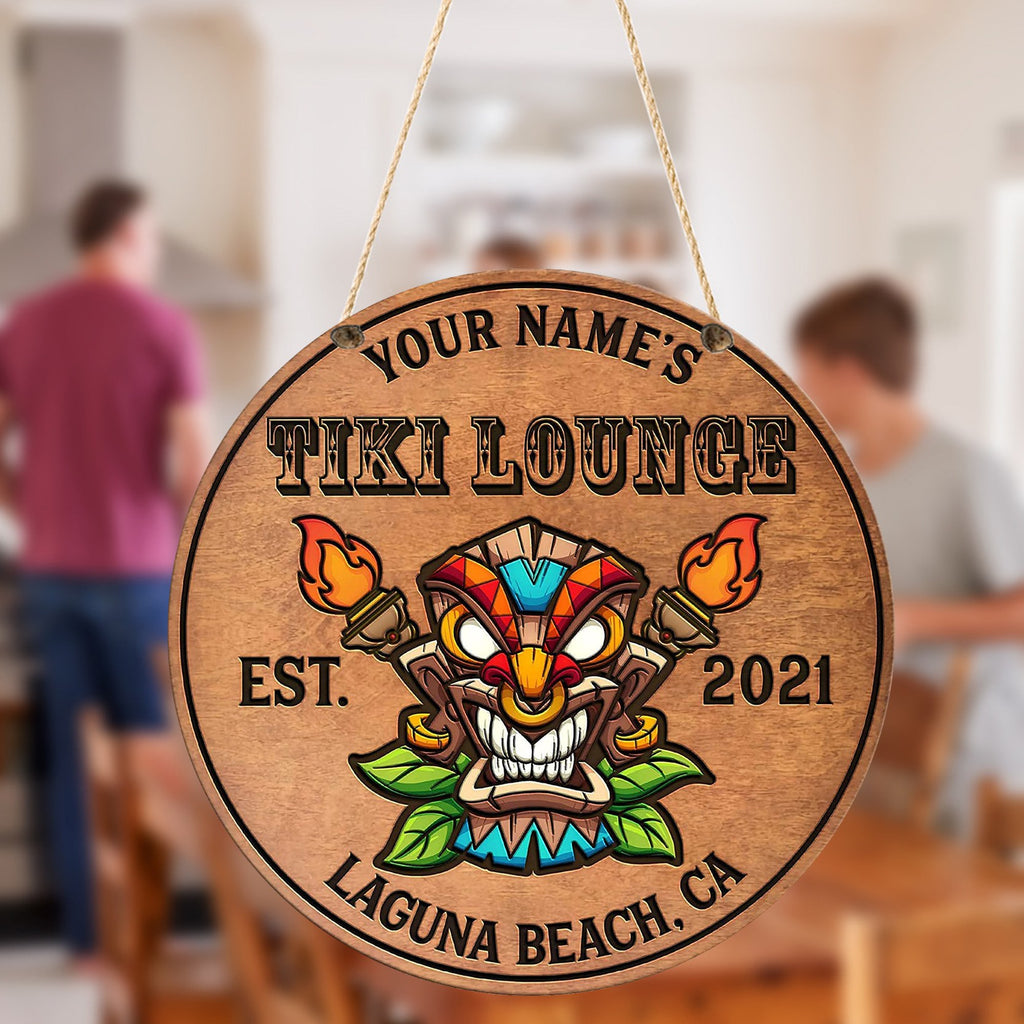 Personalized Round Wooden Tiki Lounge Flames Sign