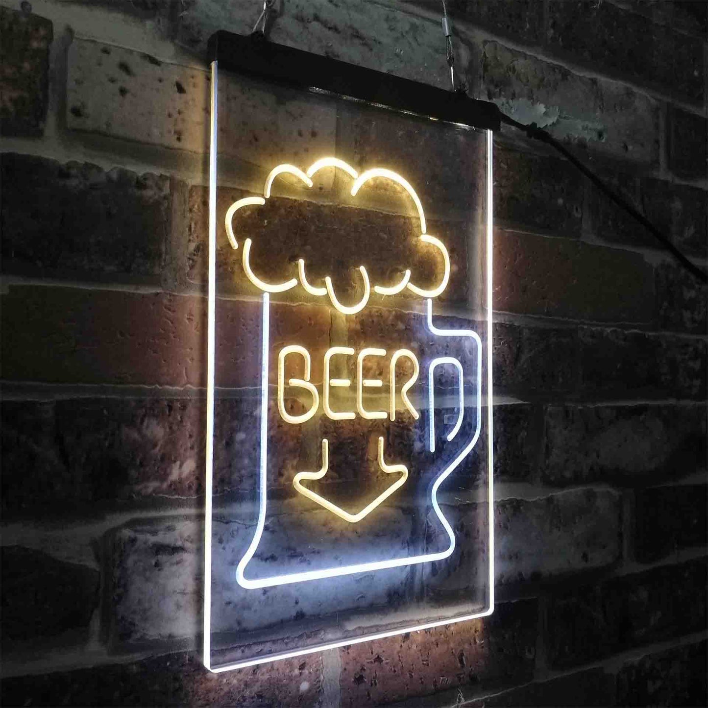 Full Beer Mug Arrow Down Two Color LED Sign (Three Sizes)