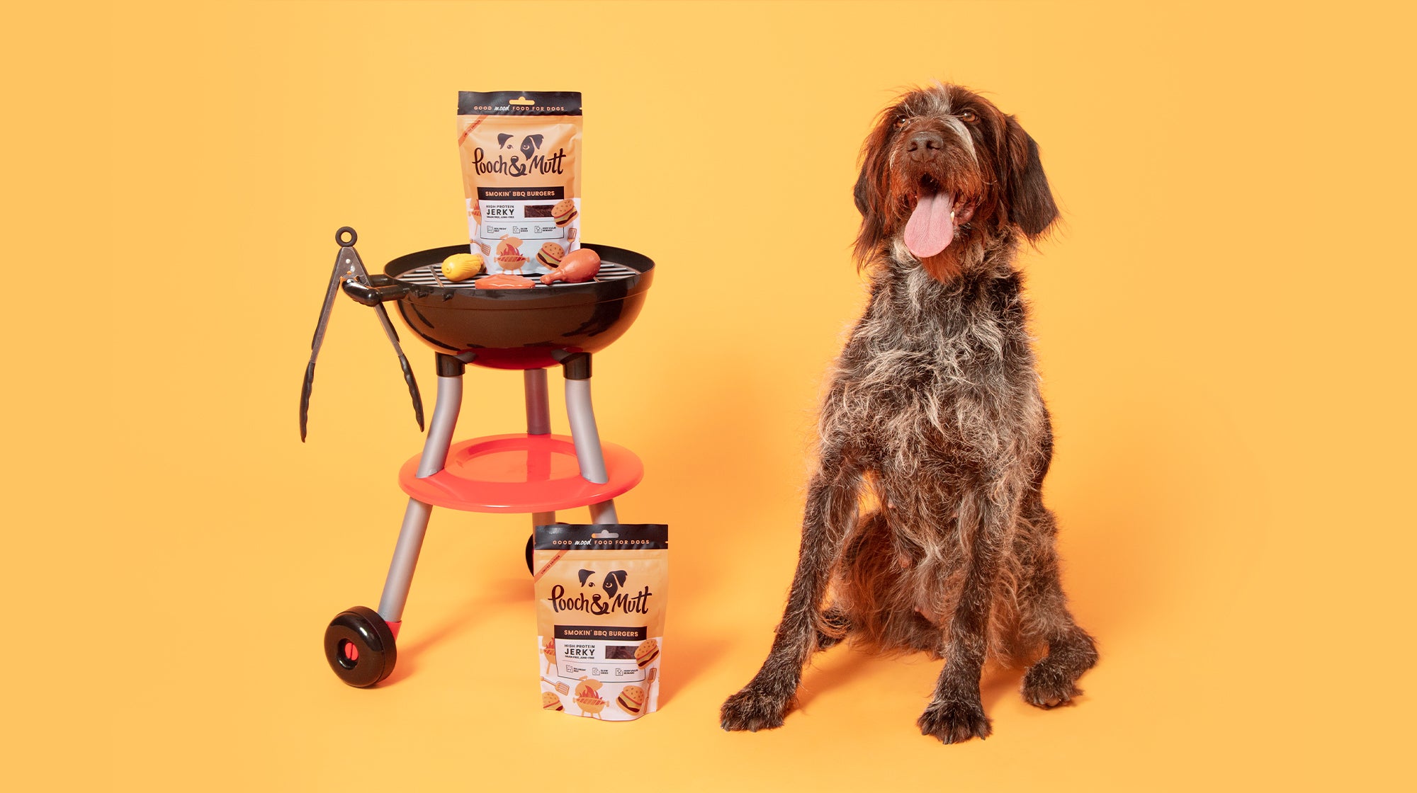 A shaggy dog with its tongue hanging out, next to a barbecue with packets of Pooch & Mutt treats, against a yellow background