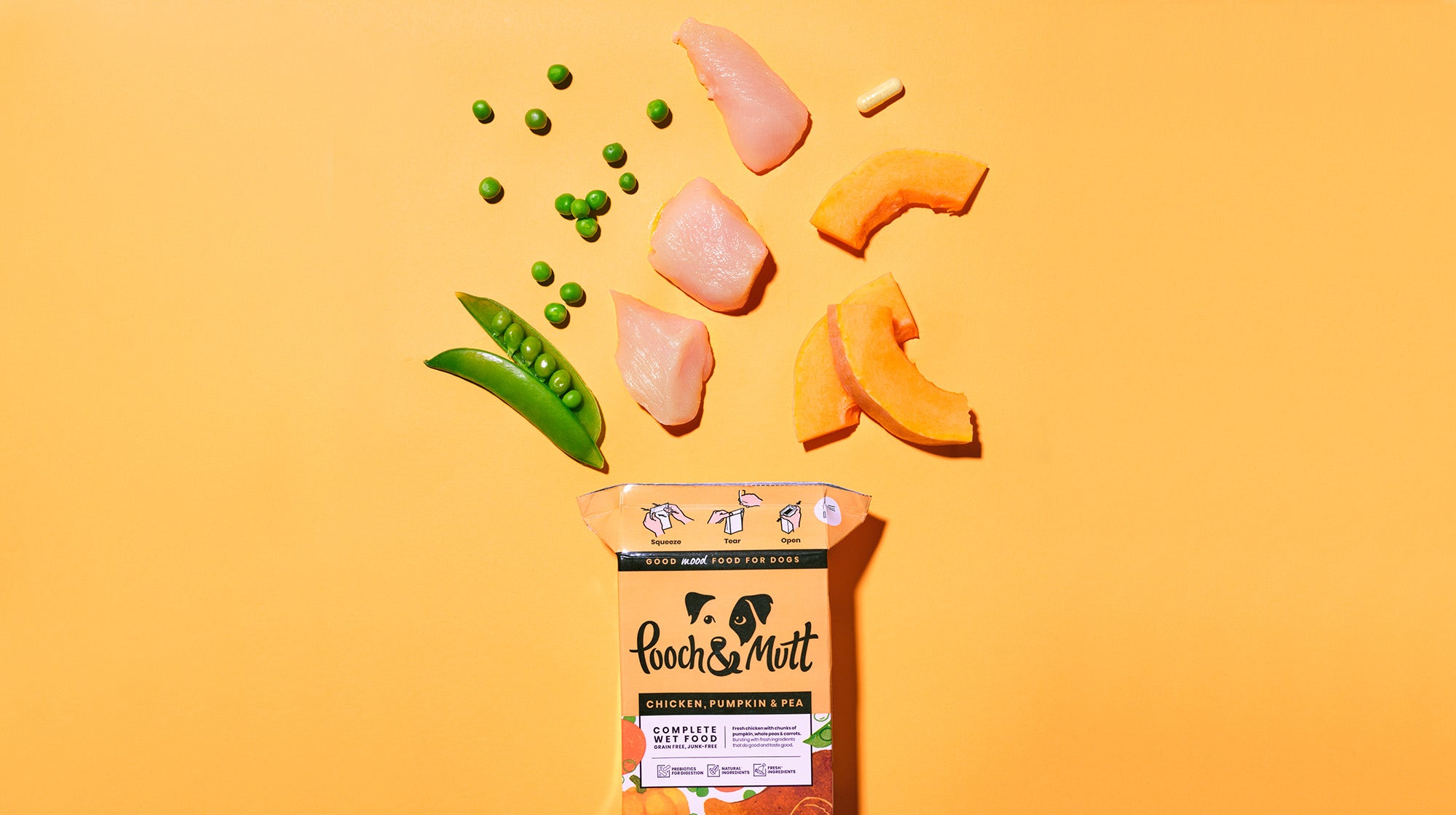 Our Pumpkin Spice Meaty Treats with fresh chicken, pumpkin and peas bursting out of the pack