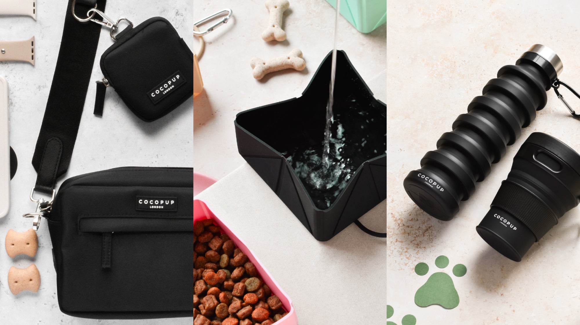 An image split into 3 columns, showcasing Cocopup products including Black Walking Bag Bundle, Black Travel Bowl and Black Collapsible Water Bottle
