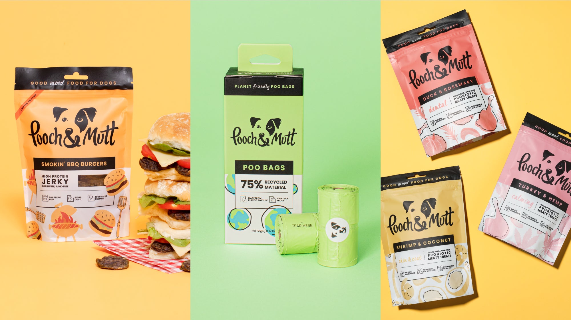 Pooch & Mutt products across three columns, including Smokin' BBQ Burgers, Planet Friendly Poo bags and Prebiotic Meaty Treat packs