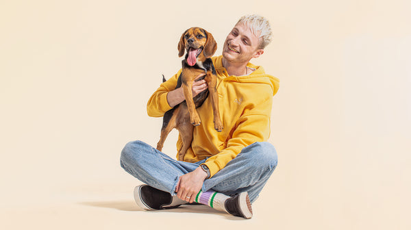 A young male adult with blonde hair and a yellow hoody, cuddling a Beagle/Pug cross dog