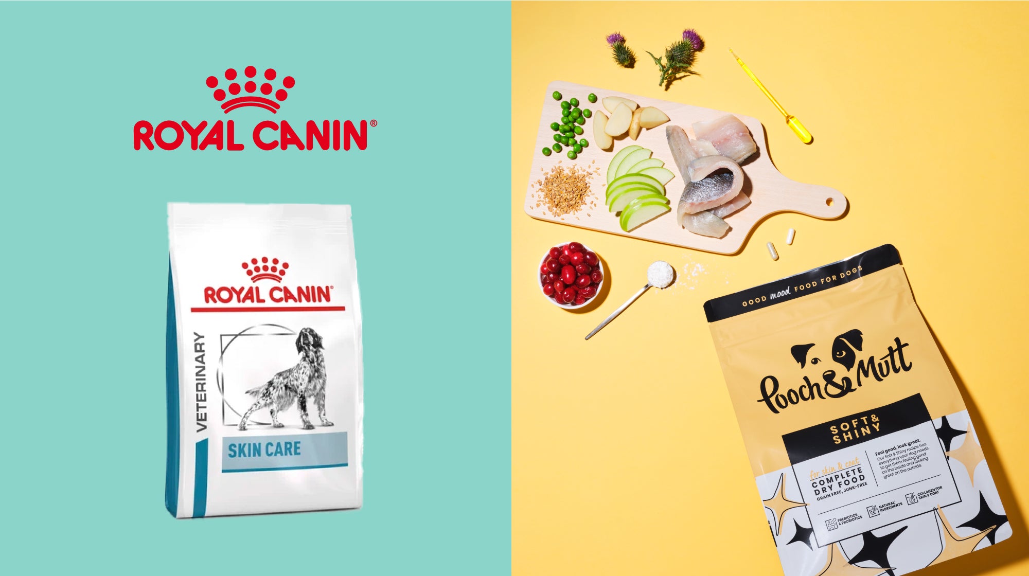 Royal canin skin care food vs pooch and mutt soft and shiny dry food