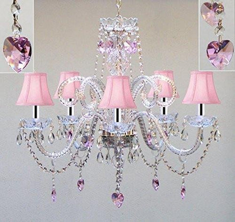 Swarovski Crystal Trimmed Chandelier! Chandelier Lighting W/Crystal Pink Shades & Hearts w/Chrome Sleeves! H25 X W24 - Perfect for Kid's and Girls Bedroom! - GO-A46-B43/PINKSHADES/387/5/PINKHEARTSSW