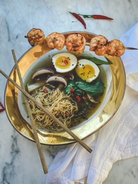 Bowl of Ramen with an Annieglass Bowl with a 24k gold band