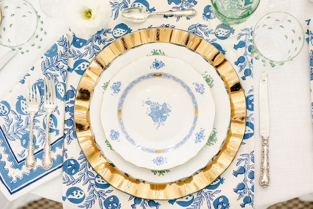 Ruffle Charger, China Plates, Blue tablecloth, gorgeous holiday tablescape