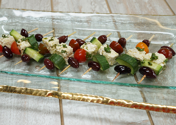 Edgey Rectangular glass tray with Greek Salad skewers