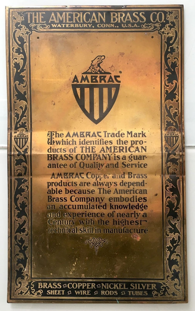 Original 1920s Brass Embossed Art Deco Trade Sign American Brass Company Ambrac