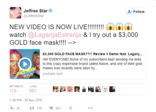 Adore Cosmetics gold mask Jeffree Star Twitter