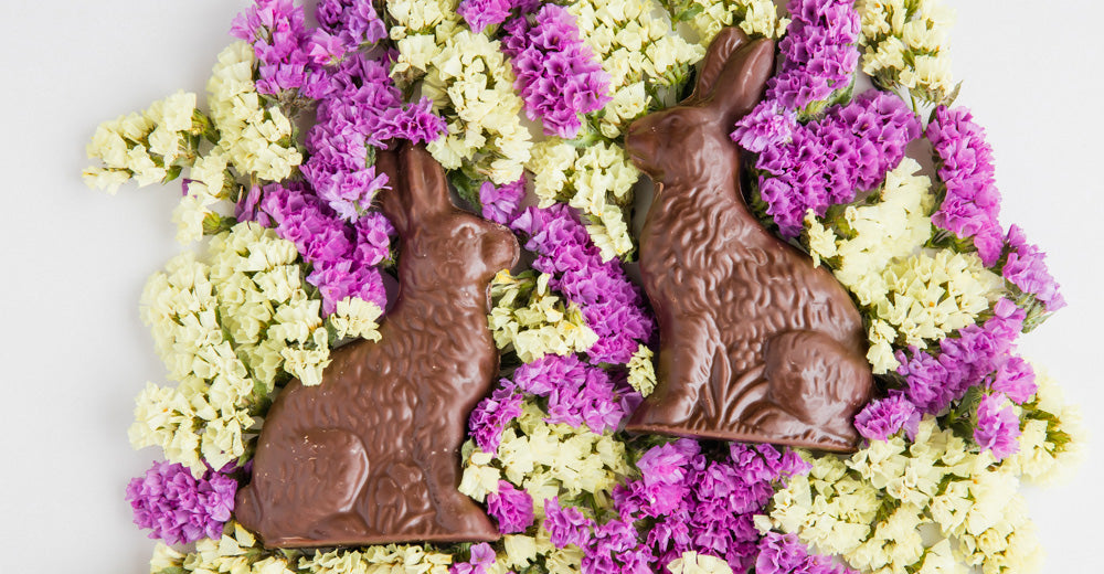 Two chocolate easter bunnies in a pile of flowers