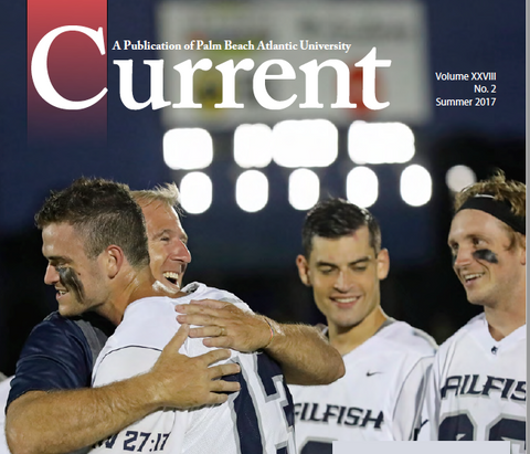 image of Palm Beach Atlantic University's Current Magazine, coach and players on game field