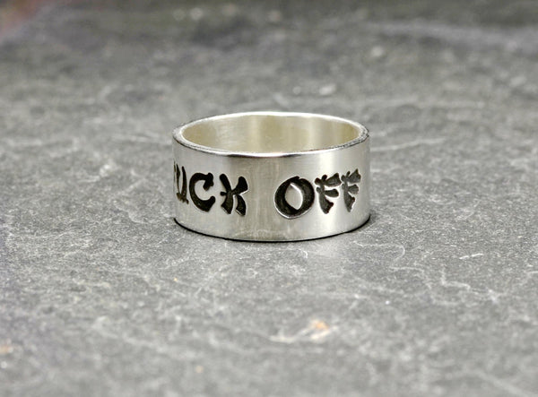 Fuck off sterling silver ring in Geisha Font – NiciArt