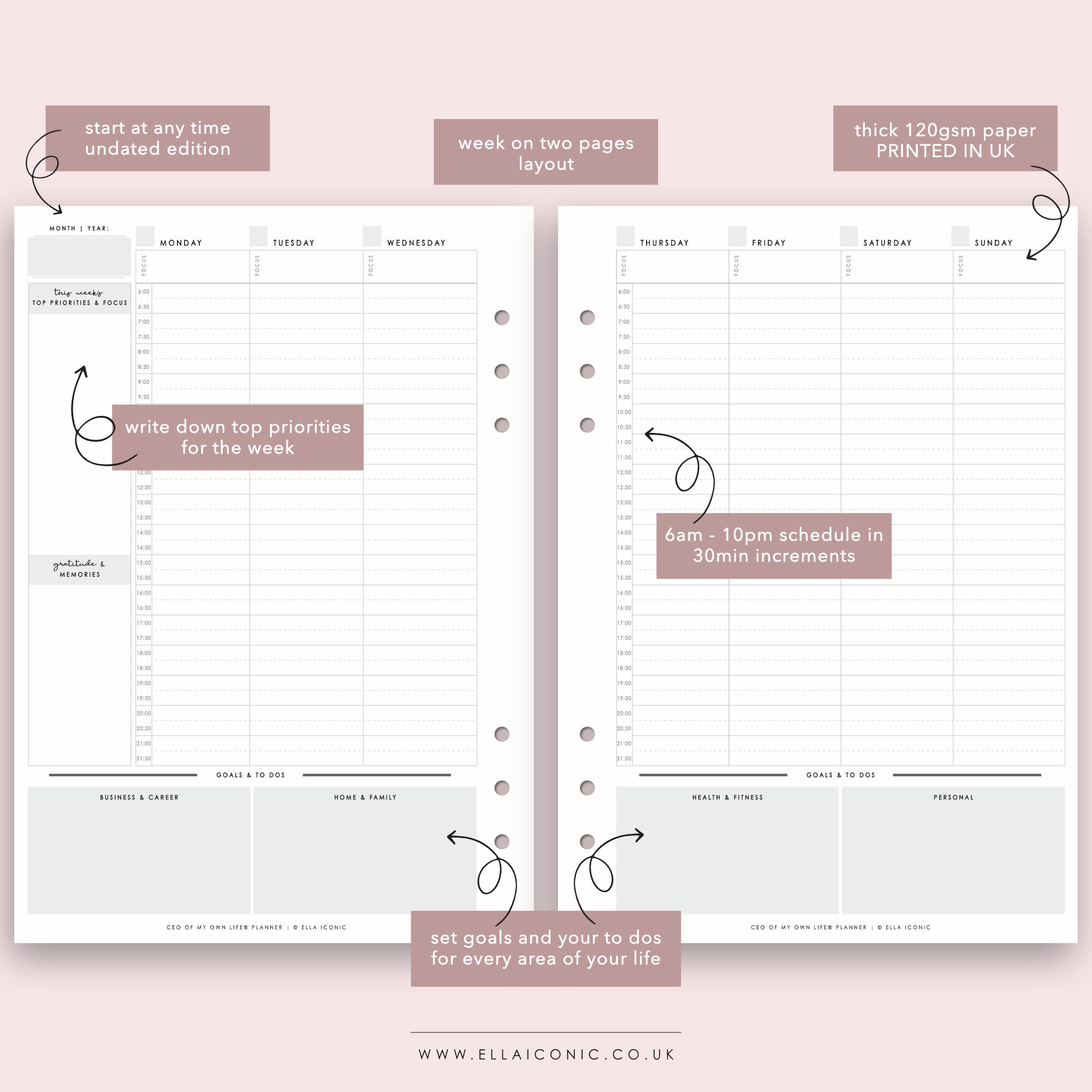 Ella Iconic | CEO of My Own Life® Planner | Undated Week on Two Pages Inserts