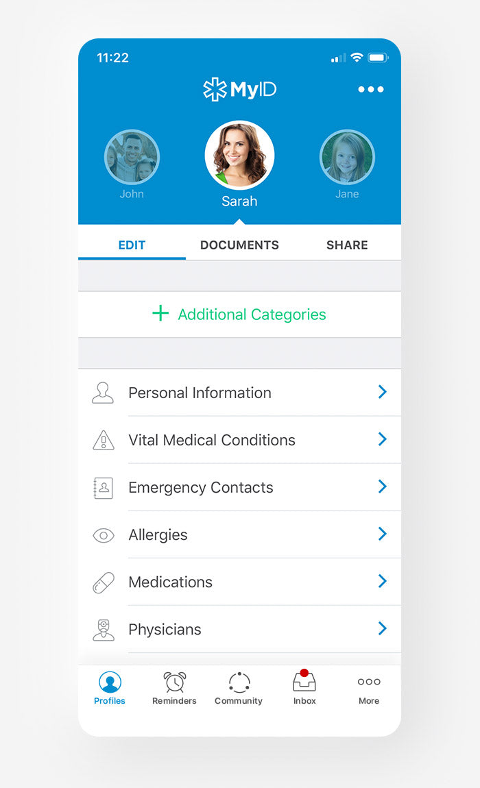 MyID Medical ID Bracelet App Profile Screen