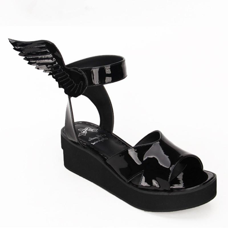 Gothic Black Angel Wing Sandal Wedges – The Black Ravens