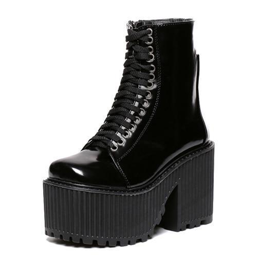 black shiny platform boots