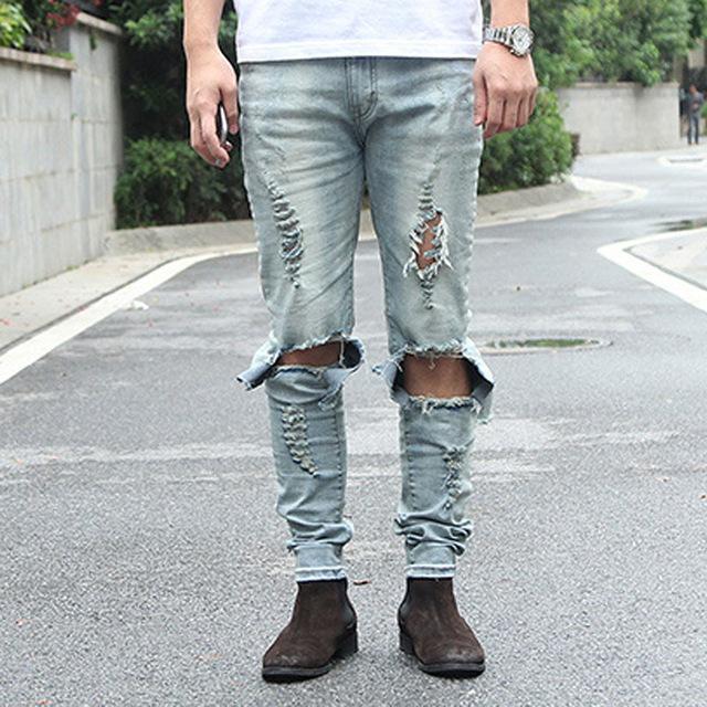 Ripped Denim Light Blue Skinny Jeans For Men – The Black Ravens