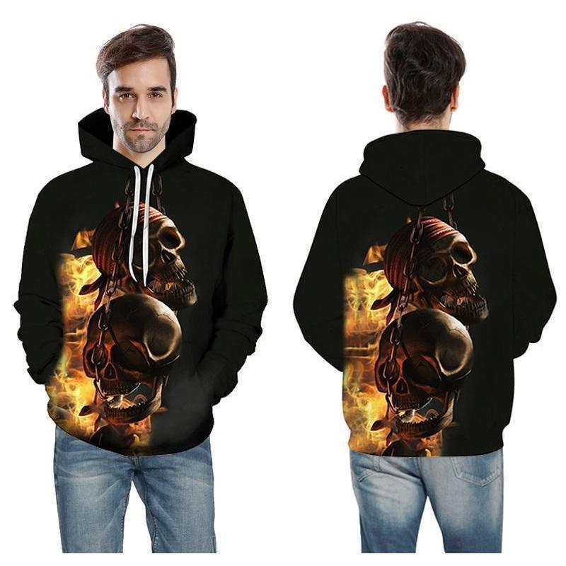 Rocker Flaming Chained Skulls Hoodie For Guys – The Black Ravens