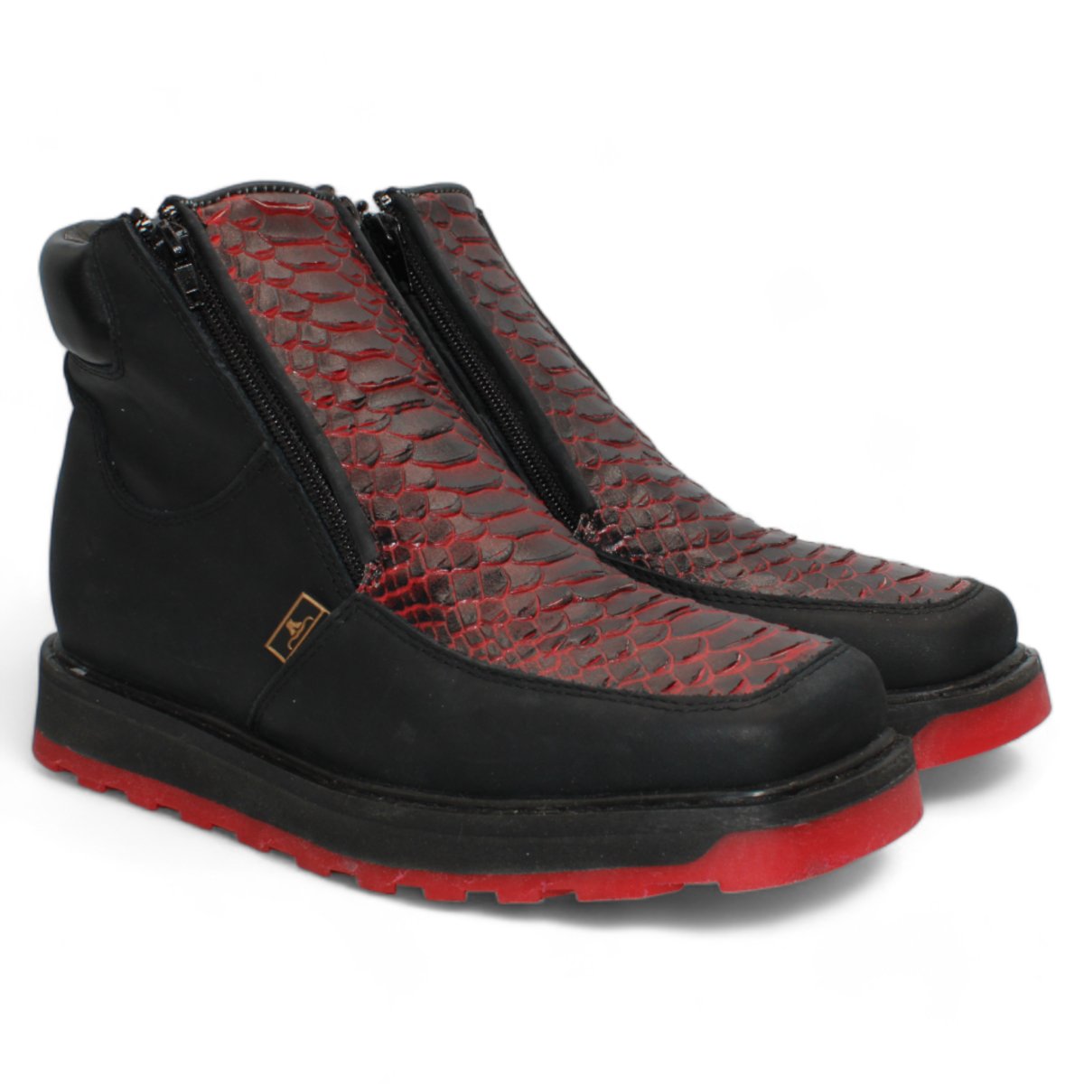 Python Print Square Toe Boots Black with Double Zipper - Blackcherry