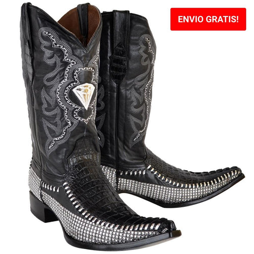 Botas de Cocodrilo Grabada Coco Diamante Color Negro White Diamonds —  