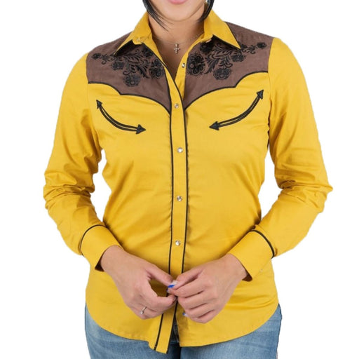 Quinto rodar audiencia Camisa Vaquera Bordada Color Mostaza con Gamuzina para Mujer Platini —  CaballoBronco.com