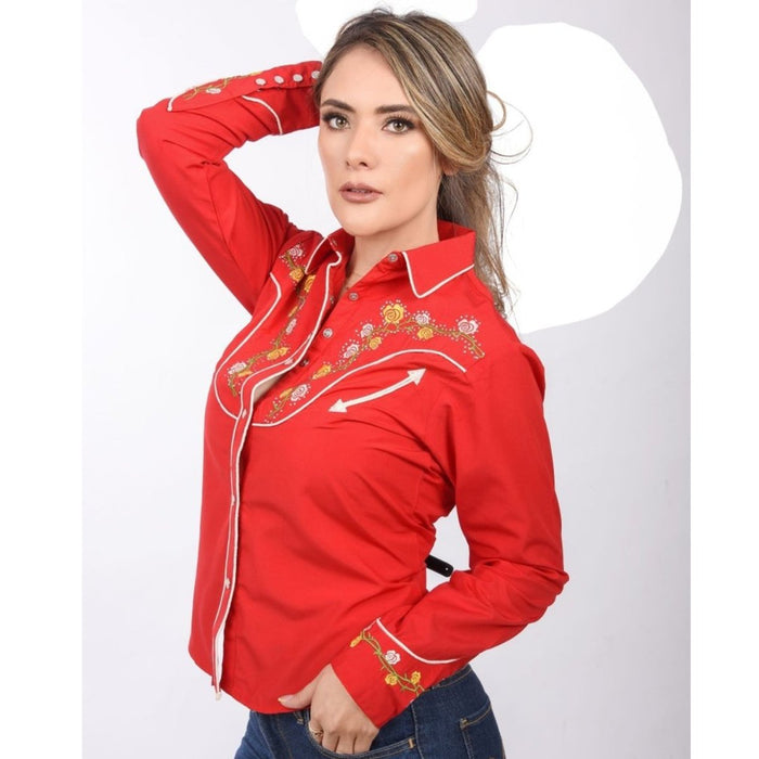 Camisa Vaquera Rojo con Flores —
