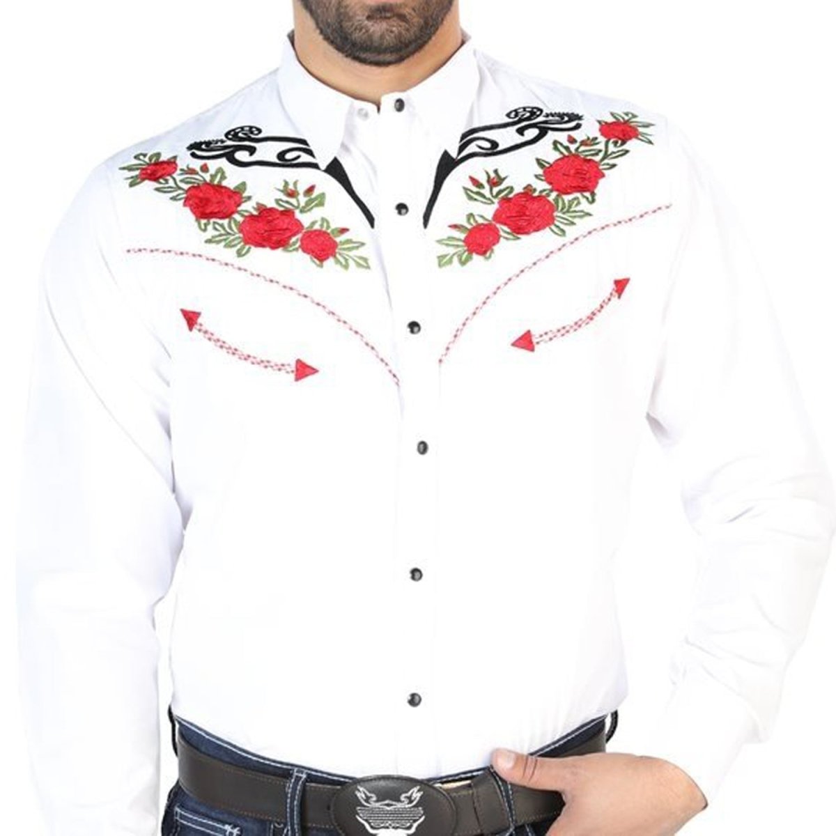 Bordada El Señor los Blanca con Flores Rojas — CaballoBronco.com