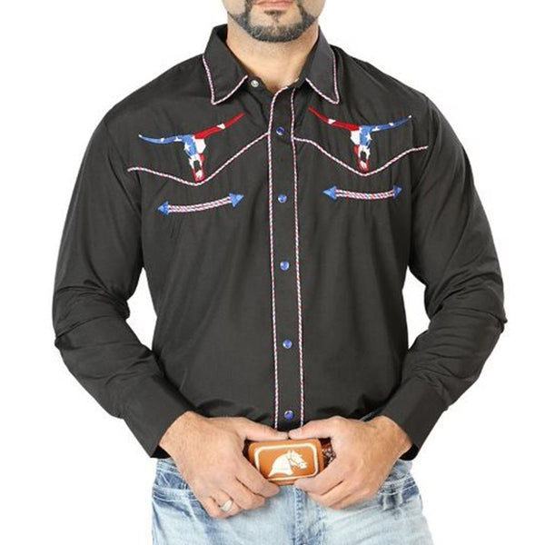 Camisa Bordada El Señor Cielos Negro con Bandera Texas — CaballoBronco.com