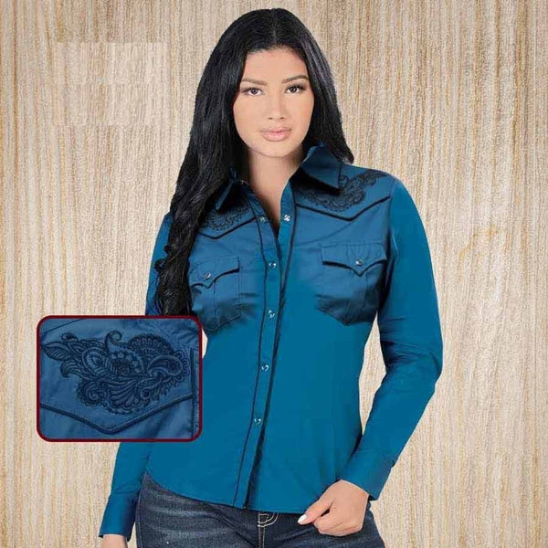 Camisa Vaquera Mujer Azul Teal con Bolsa Delanteras — CaballoBronco.com