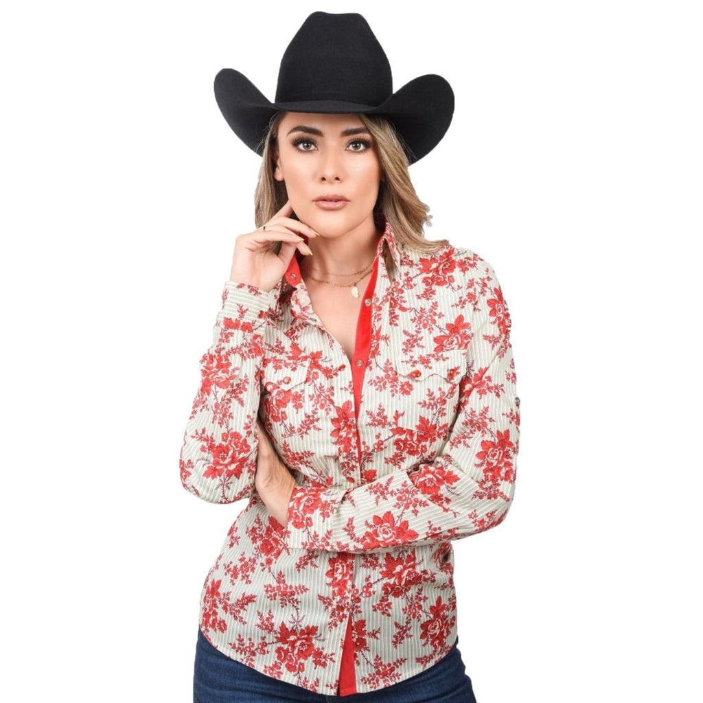 Camisa Vaquera Bordada para Mujer Color Rojo Flores — CaballoBronco.com