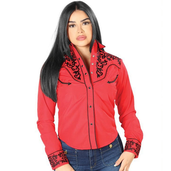 de ahora en adelante Si reserva Camisa Vaquera Bordada para Mujer Color Rojo con Negro — CaballoBronco.com