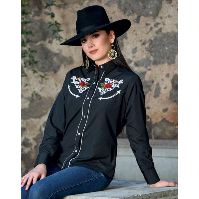 Camisa para Mujer Negro con Rosas Rojas WD-596 — CaballoBronco.com