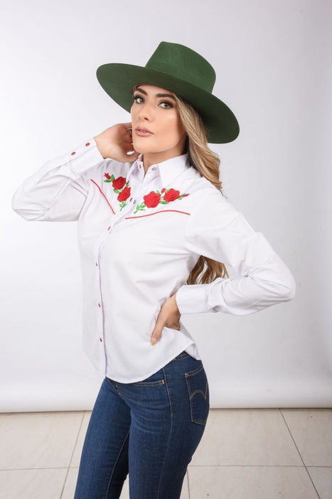 Camisa Vaquera Bordada para Mujer con Rosas Rojas — CaballoBronco.com