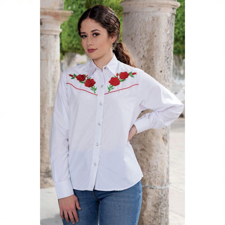 Camisa Vaquera para Mujer Blanca con Rosas —