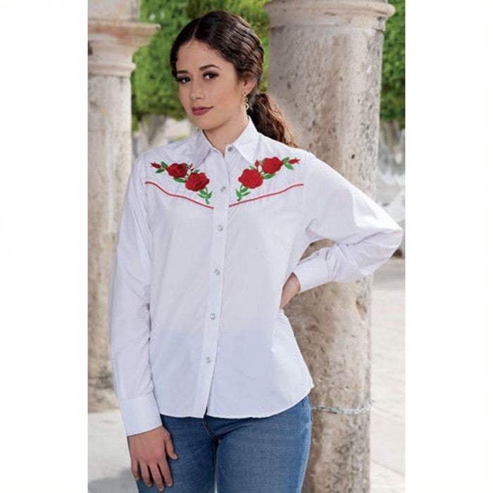 alma dinámica Propiedad Camisa Vaquera Bordada para Mujer Blanca con Rosas Rojas — CaballoBronco.com