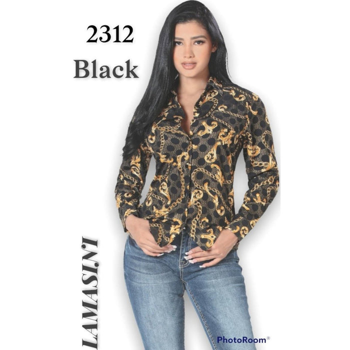 Camisa Vaquera Mujer Color Negro y Oro con Estampado — CaballoBronco.com