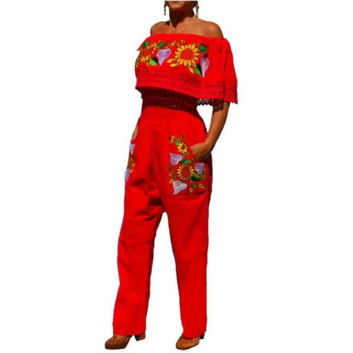 Jumper-Palazzo Artesanal Color Rojo Girasoles para Mujer I — CaballoBronco.com