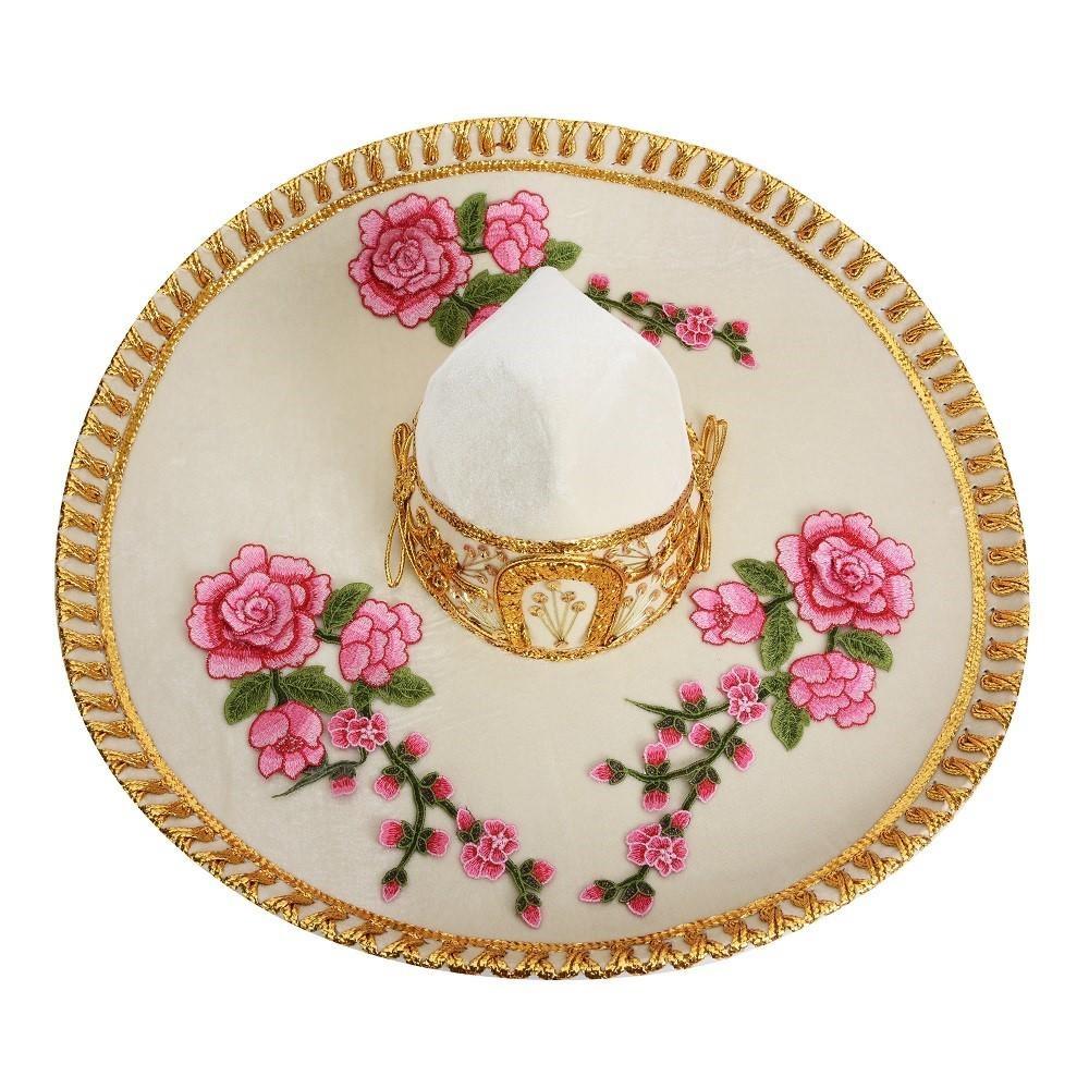 Sombrero de Charro de Gala Bordado con Flores para Mujer Hueso con Oro CaballoBronco.com
