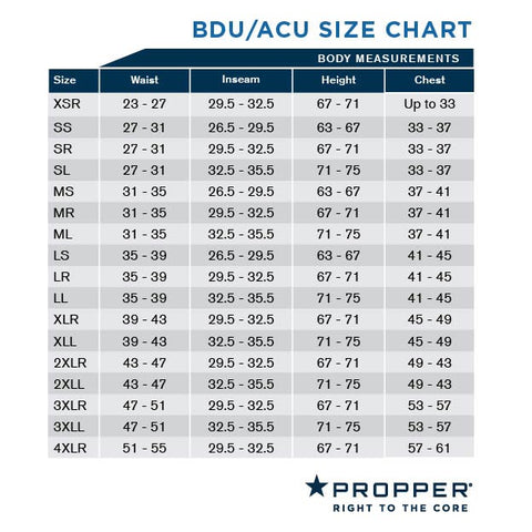 propper bdu and acu size chart