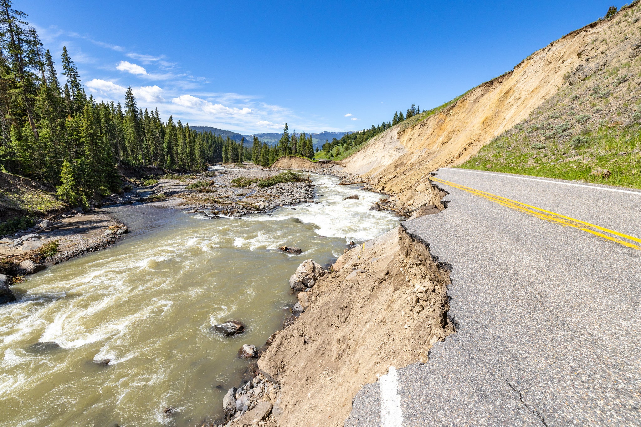 Yellowstone flood event 2022: Northeast Entrance Road washout near Trout Lake Trailhead