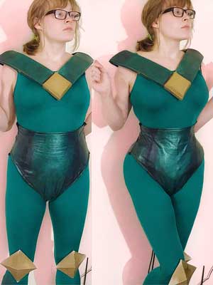 woman in Peridot cosplay with and without steel-boned corset