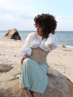 woman on beach wearing beige mesh corset style number CS-411 longline