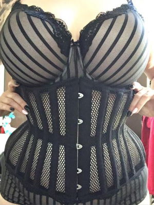 Jasmine at Quirky and Curvy in a black mesh Hourglass Curve Longline Underbust Corset CS-426