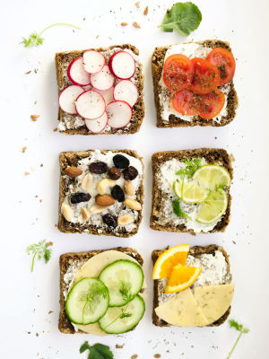 healthy open-face sandwiches with veggie toppings