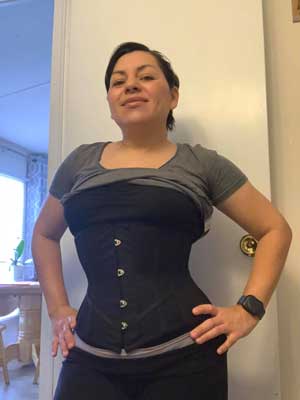 woman in Romantic Curve underbust corset CS-411 in black mesh fabric