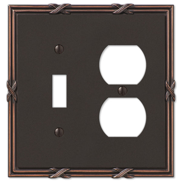 Ribbon & Reed Aged Bronze Cast - 1 Toggle / 1 Duplex Outlet Wallplate - Wallplate Warehouse