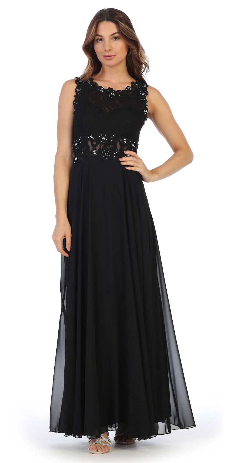 sleeveless evening gown with lace bodice