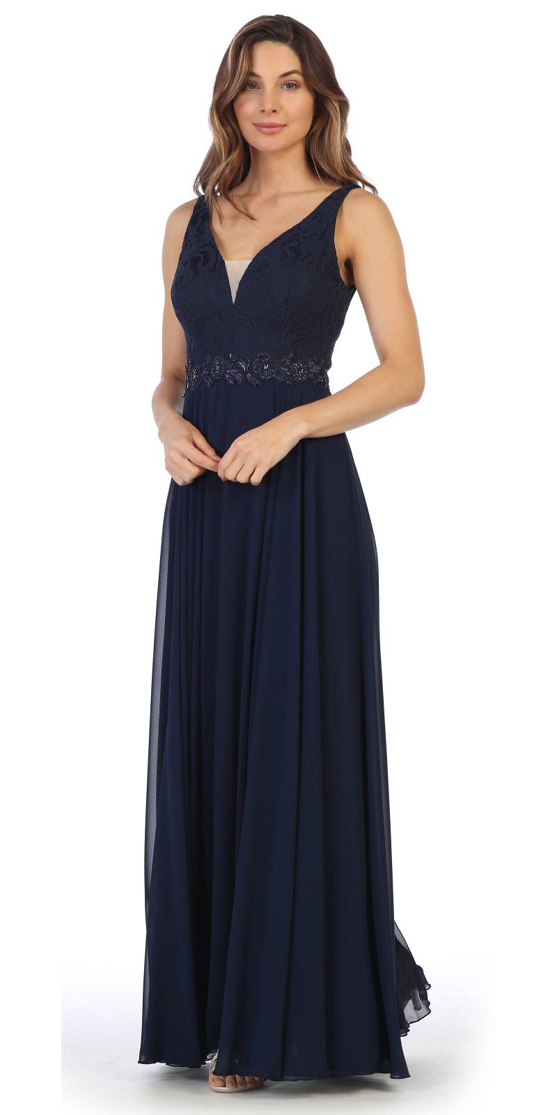 Juno 1083 Navy Blue Lace Bodice A-Line Long Formal Dress with V-Neck ...